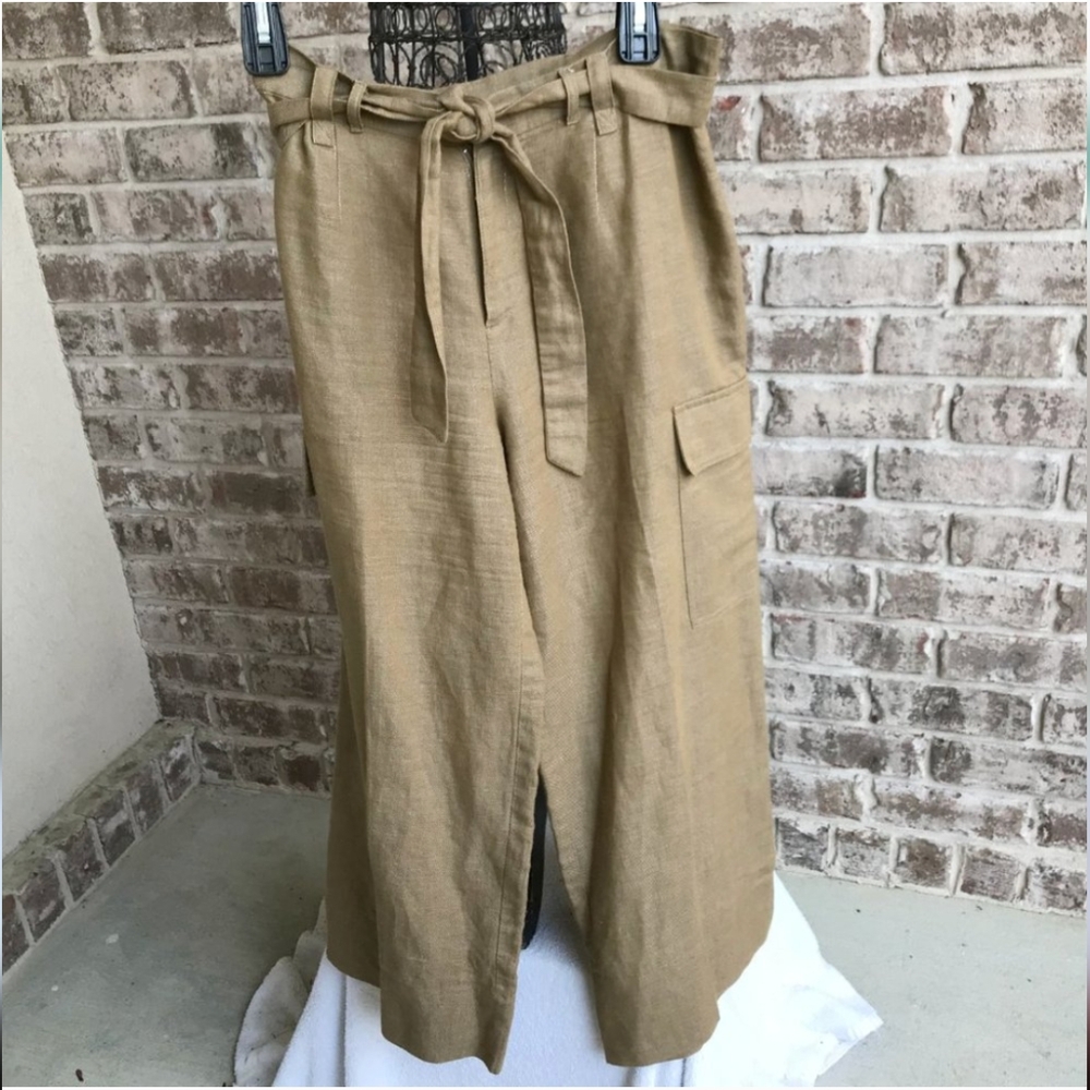 Tan Paper Bag Waist Pants with Irish Linen